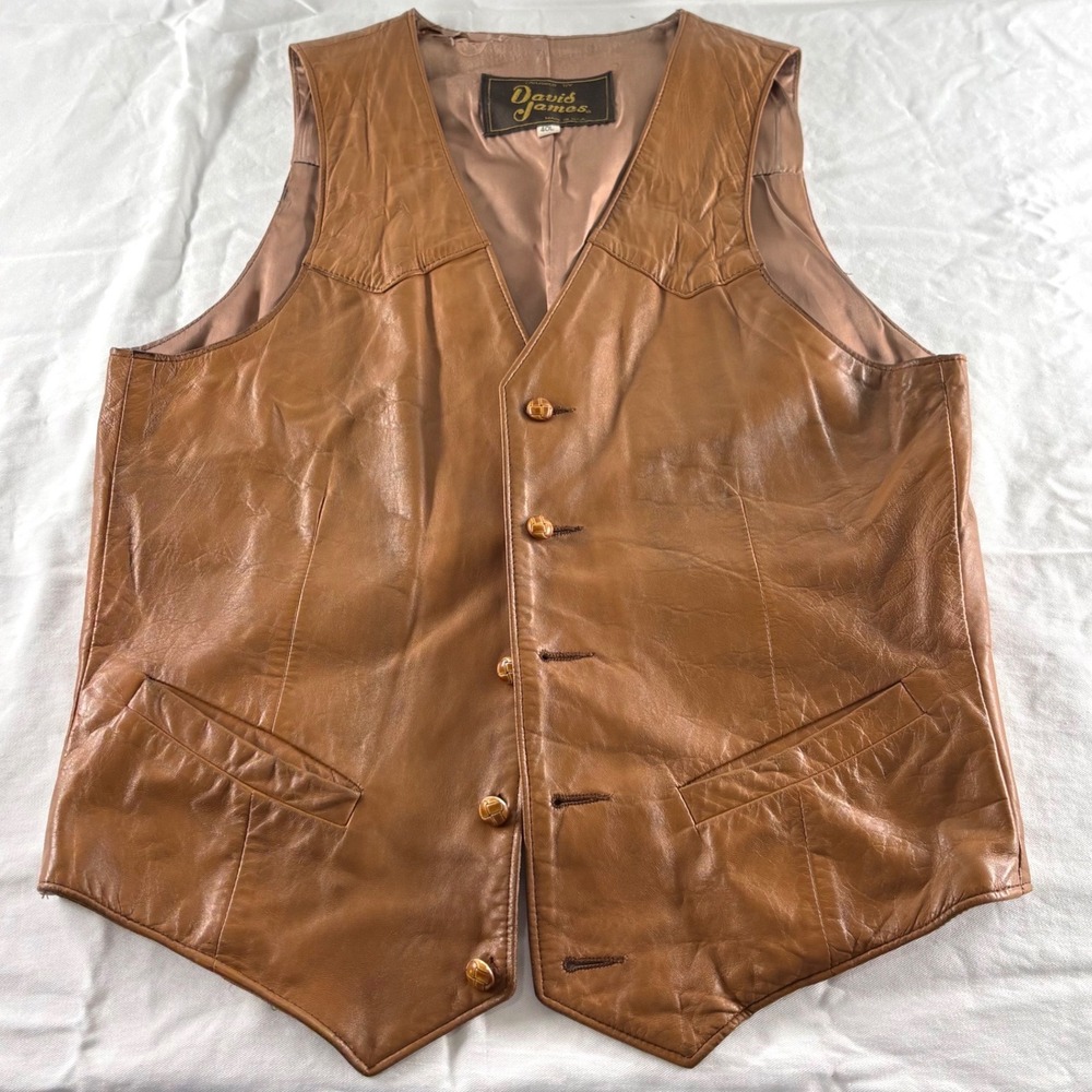 Vintage Davis James Mens Tan Leather Western Vest Button Front Made in USA 40L